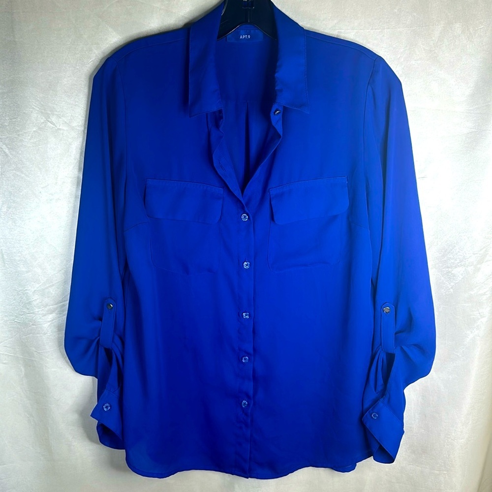 Apt. 9 Top Blouse Shirt Royal Blue Small Relaxed fit business/casual button down